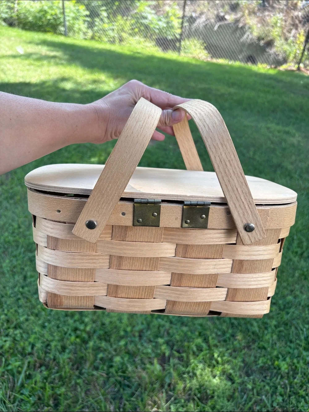 Woven mini Picnic Basket with Double Handles - Natural Wood Tone
